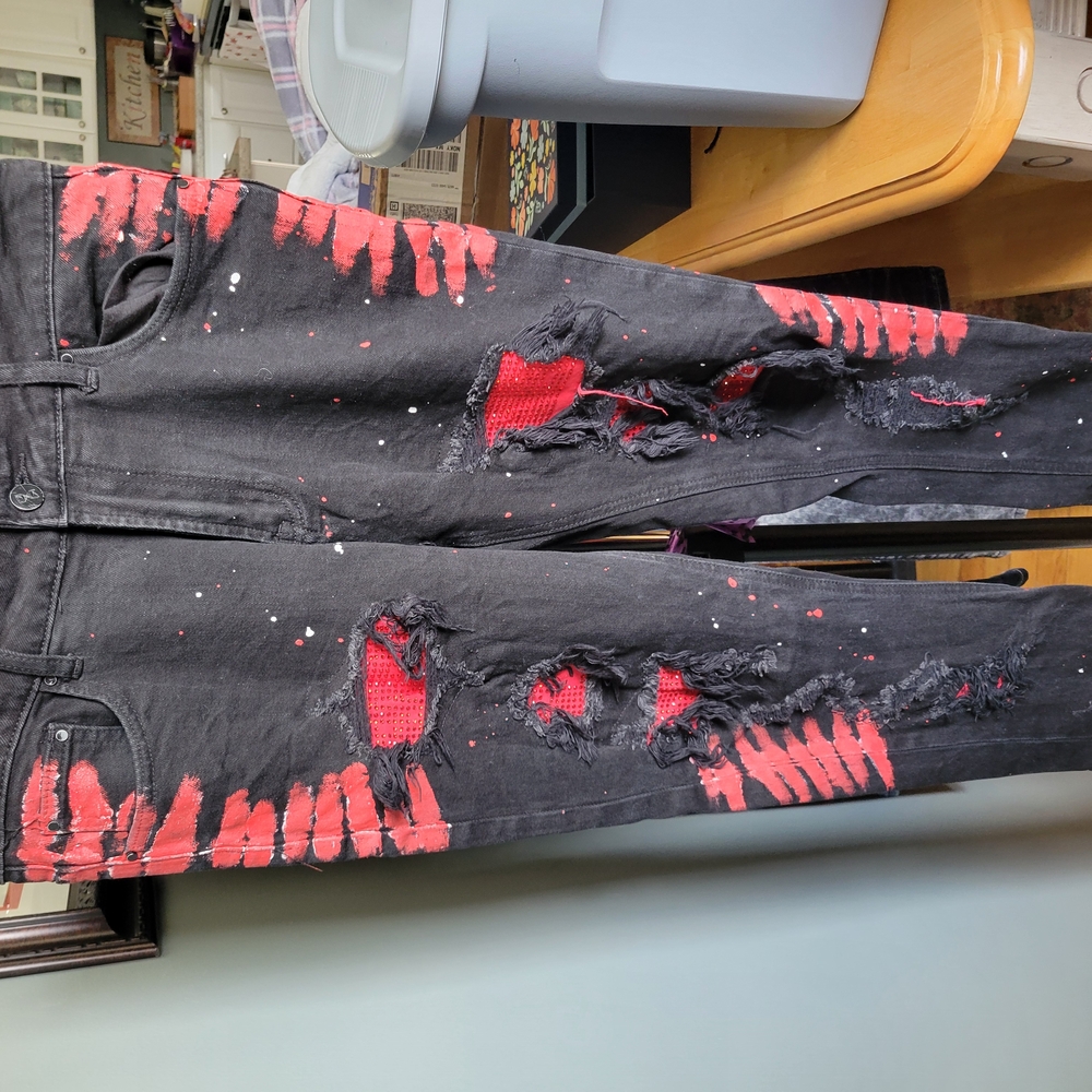 Distressed Black and Red Jeans